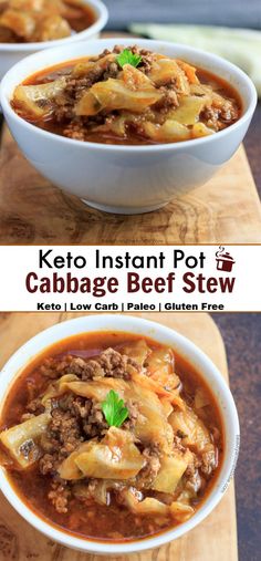 two bowls of keto instant pot cabbage beef stew on a wooden cutting board with text overlay