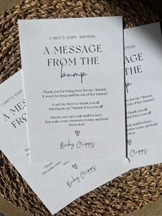 three wedding program cards on top of a woven basket with the words message from the bride and groom written in cursive writing