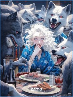 a woman with white hair sitting at a table surrounded by wolfs and wine bottles