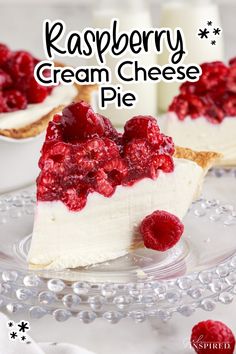 raspberry cream cheese pie on a glass plate with the title overlay reads, raspberry cream cheese pie