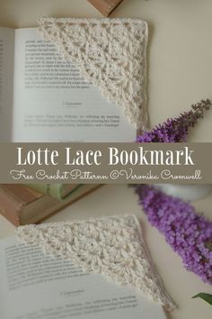 a crochet lace bookmark is shown next to an open book and purple flowers