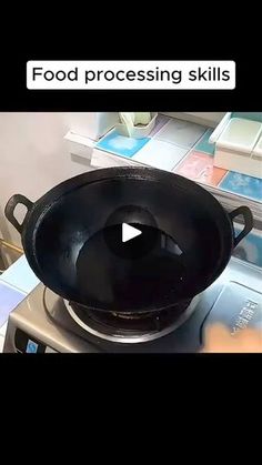 a skillet sitting on top of a stove with the words food processing skills in front of it