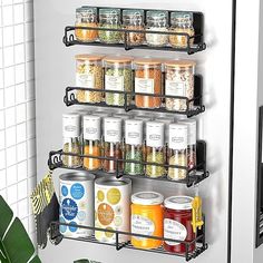 a refrigerator door is open with spices and condiments on it