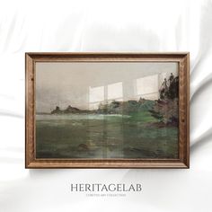 a painting hanging on the wall in front of a white background with words heritage lab