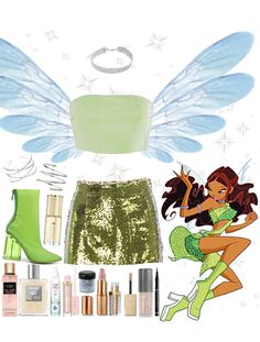 the tinkerbell fairy costume is set up with accessories and makeup, as well as shoes