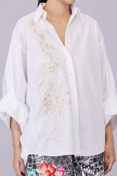 White batwing shirt with beige parsi gara embroidery in floral pattern. - Aza Fashions Parsi Gara Embroidery, Gara Embroidery, Batwing Shirt, Linen Embroidery, Embroidery Floral, Online Tops, Collared Shirt, Shirt For Women, Batwing Sleeve