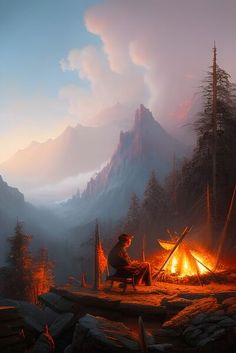 a man sitting in front of a campfire on top of a mountain under a cloudy sky