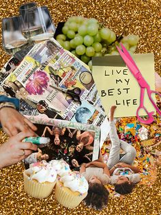 a collage of photos, papers, scissors and other things on a table with glitter