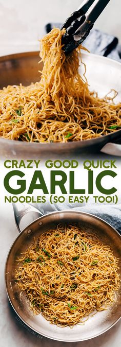 the cover of crazy good quick garlic noodle go easy toi, with noodles being cooked in a skillet