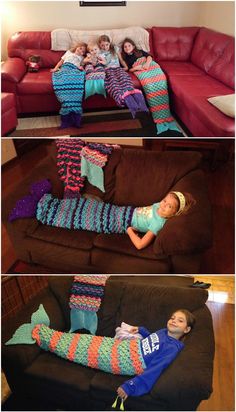 two pictures of mermaid tail blankets on a couch