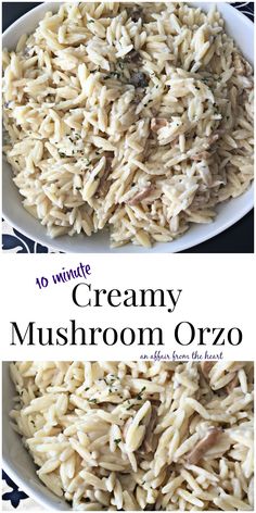 creamy mushroom orzo rice in a white bowl