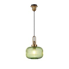 a green glass pendant light hanging from a ceiling