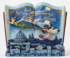 an open book shaped like a disney movie scene with the words just think of a wonderful thought