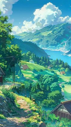 an anime landscape with houses and mountains in the background, along with a river running through it