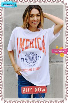 Sweet Claire's America:sweet Land Of Liberty Women's Graphic Print T-shirt Summer College Style T-shirt With Letter Print, White Summer T-shirt For College, Summer College T-shirt With Screen Print, Summer College Style T-shirt With Graphic Print, American Retro Graphic Print Summer Tops, Summer College Tops With Logo Print, Spring College Style T-shirt, Summer American Retro Letter Print Tops, American Retro Summer Tops With Letter Print