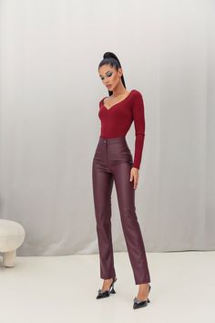 High Waisted Eco Leather Cigarette Bordo Trousers | VICLAN Purple Jacket, Female Portraits, Fabric Structure, Leather Trousers, White Jacket, High Waisted Trousers, Spring Outfits, Capri Pants, High Waist