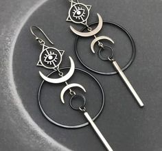 Vintage Moon Evil Eye Hook Drop Earrings Exaggerated Personality Punk Earrings #Earrings #BohoDanlges #BohoJewelry #GothicJewelry #MoonEarrings #GiftsForHer #BohoEarrings #GothicEarrings #OccultJewelry #promjewelry Crescent Earrings, Alloy Earrings, Hanging Earrings, Long Pendant, Moon Earrings, Accessories Jewelry Earrings