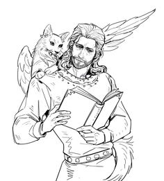 a man holding a book with an angel and cat on his shoulder, in black and white