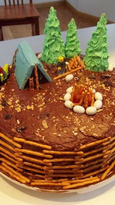 a chocolate cake decorated with trees, rocks and campfires on a white table