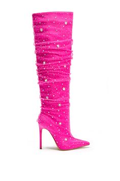 Hot Pink Stuff, Pink Fur Heels, Pink Boots Outfit, Pink Knee High Boots, Jordan Heels, Nicki Minaj Concert, Summer Barbie, Hot Pink Shoes, Statement Boots