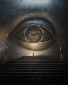 an eye is shown in the center of a stairway with stairs leading up to it