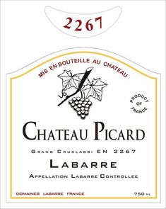 the label for chateau picard is shown in red, white and yellow colors with an image of grapes on it