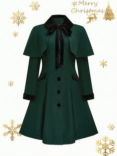 Plus Size Women Winter Long Sleeve Patchwork Cape Reversible Bow Woolen Coat Dark Green Elegant  Long Sleeve Fabric Colorblock Regular Slight Stretch  Women Plus Clothing, size features are:Bust: ,Length: ,Sleeve Length: Green Cape Outerwear For Fall, Green Fall Cape Outerwear, Green Cape For Fall, Retro Winter Outerwear For Layering, Retro Winter Layering Outerwear, Green Winter Cape Outerwear, Green Winter Outerwear For Layering, Vintage Green Outerwear With Stand Collar, Patchwork Cape