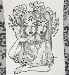 a drawing of two women with flowers on their heads and one holding the other's head