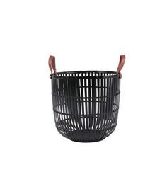 a black basket with brown handles and leather handles on the handle is shown against a white background