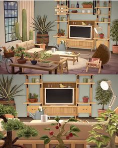 the living room is filled with potted plants and wooden shelves that hold various types of furniture