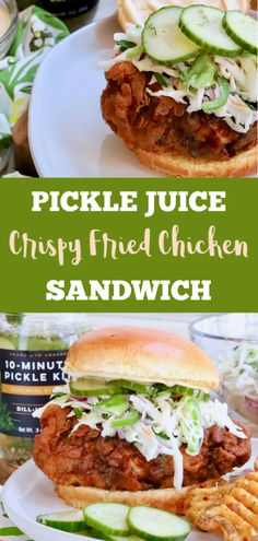 pickle juice crispy fried chicken sandwich on a white plate with cucumbers