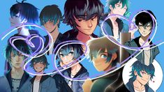 an image of some anime characters with blue eyes and black hair, all in the same group