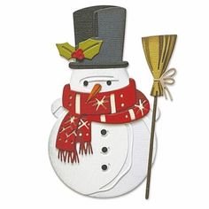 a snowman wearing a top hat and scarf with a broom in his hand on a white background