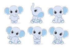 a set of cartoon baby elephants with different poses and expressions, all in pink polka dots