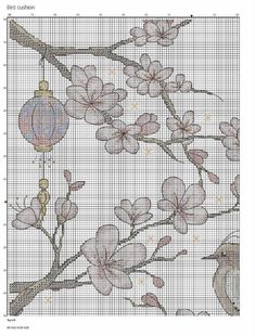 a cross stitch pattern with white flowers and a bird sitting on it's branch