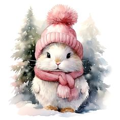 a watercolor painting of a rabbit wearing a pink hat, scarf and mittens