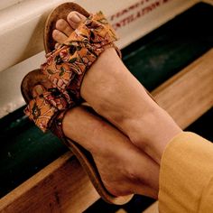 Nwt! Sezane Lola Mules Multicolored Print. Flat Sandals, Made In Portugal. Size:10us( 41fr) Ochre Accessories, Fabric Stain Remover, Parisian Studio, Dark Taupe, Tory Burch Miller Sandal, Rubber Heels, Yellow And Brown, Last Chance, Vegetable Tanned Leather