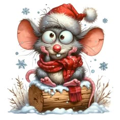 a mouse wearing a santa hat and scarf sitting on top of a log in the snow