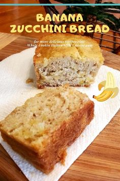 banana zucchini bread is cut in half and sitting on a napkin next to it