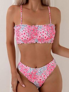 SHEIN Swim Mod Small Floral Print Shirred Bikini Set | SHEIN USA Shien Bathing Suits, Cute Summer Swimsuits Bikinis, Trendy Swimsuits 2024, Cute Summer Bathing Suits, Cute Modest Bikinis, Swimsuits Shein, Shein Bathing Suits, Cute Swimming Suits, Cute Swim Suits