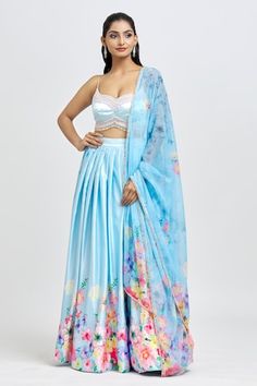 Ice blue floral print attached cancan lehenga. Paired with a hand embroidered padded blouse and matching embellished dupatta. - Aza Fashions Blue Floral Print Wedding Sets, Cancan Lehenga, Padded Blouse, Blue Floral Print, Set Women, Set For Women, Ice Blue, Aza Fashion, Blue Floral