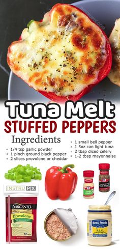 an advertisement for tuna melt stuffed peppers on a plate with tomatoes, bell peppers and seasonings