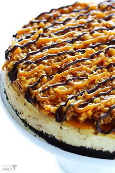 there is a cake with caramel toppings on it