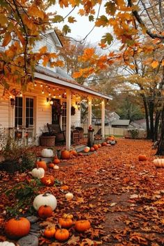 a white house with lots of pumpkins on the ground and leaves all around it