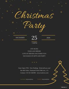 a black and gold christmas party flyer with trees on the front, stars in the background