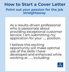 the cover letter for a job application is shown in blue, and it says how to start