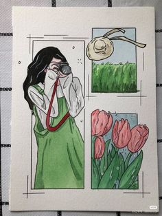 a drawing of a woman taking pictures with her camera and flowers in the foreground