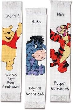 three winnie the pooh bookmarks with names on them