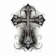 an ornate cross with swirls and scrolls on the side, in black and white