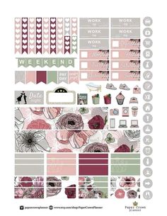 the planner sticker sheet is shown with pink flowers and hearts on it, along with other